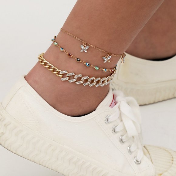 Crystal Butterfly Anklet 3pcs Bling - Picture 1 of 6